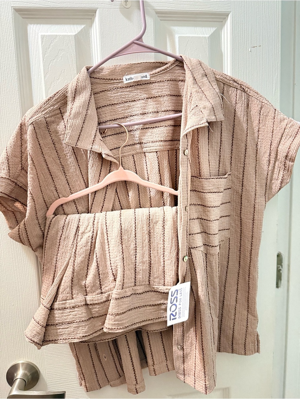 kathy ireland Beige Striped Short-Sleeve Button-Down Top